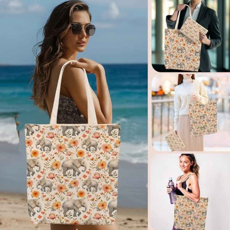 Cute Elephant Gifts Elephant Stuff Merch,2pcs Cosmetic Bag Canvas Tote Bag for Women Set, Shopping Beach Grocery Canvas Tote, Birthday Christmas Friendship Gifts for Women Animal Lovers Girls Sister