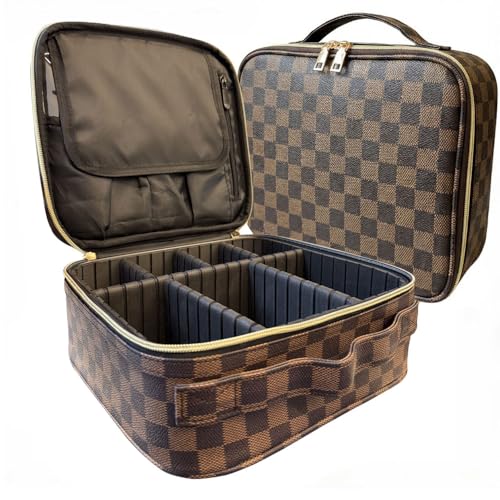 Brown Checkered Makeup Bag Organizer Travel Cosmetic Case with Brush Storage | Large Capacity Makeup & Skin Care Organizer with Adjustable Dividers | Stylish PU Leather Designer Vanity Bag