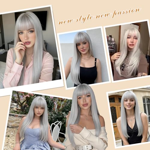 Gray White Wig with Bangs - 24 Inch Long Straight Synthetic Heat-Resistant Hair for Women - Variation: Gray White