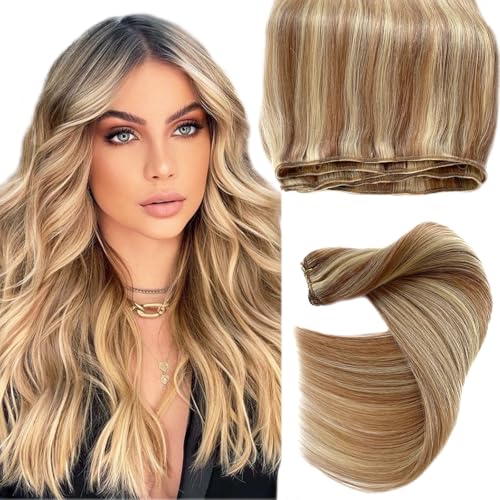 Human Hair Sew-In Extensions 12 Inch Blonde Highlight Remy Weft Full Head