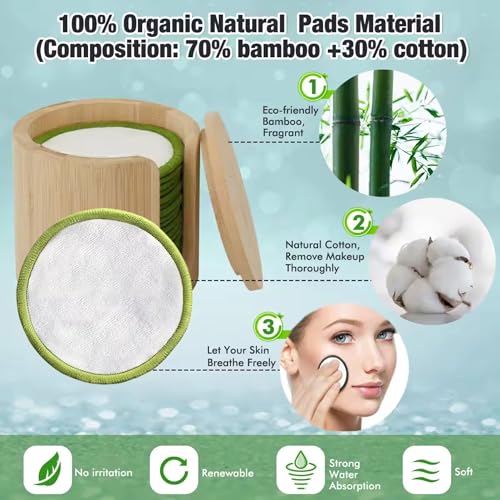 Reusable Bamboo Cotton Makeup Remover Pads Set with Washable Bag & Storage Jar - Eco-Friendly Facial Cleansing Discs - 20 Pack