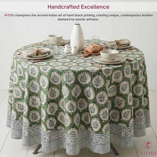 Kari Green Cotton Round Tablecloth 90 Inches - Handprinted French Provencal Decor