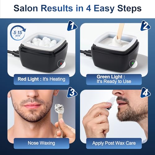 LIONVISON Men's Nose Wax Removal: Painless Hair Removal for Nose and Ears - with 100g Wax 40 Nose Hair Sticks 2 Silicone Pots - Portable Melt Machine for Home Travel Use (Black)