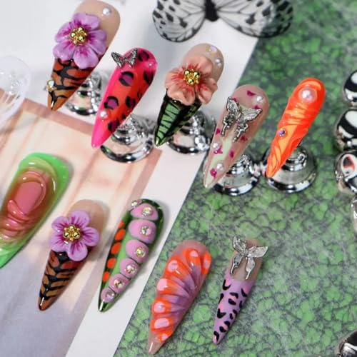Colorful Flower 3D Floral Butterfly Press-On Nails Long Stiletto Fake Nails for Women Spring Manicure S