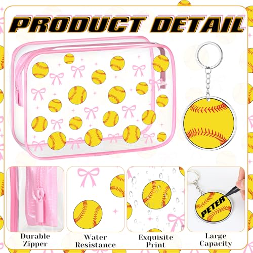 Kacctyen 12 Set Soccer/Softball/volleyball Team Gifts Bulk-12 Sports Pink Bow Makeup Bag with 12 Acrylic Ball Keychain for Woman Team Gifts Birthday Decorations Supplies(Softball)