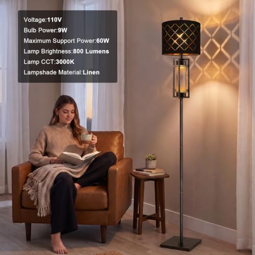74-Inch Modern Floor Lamp with Nightlight - Black Metal Tall Standing Lamp, Stable Base
