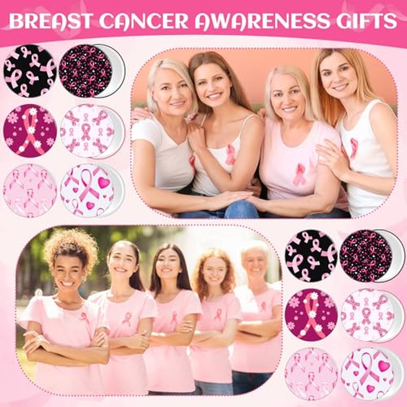 48 Pcs Breast Cancer Awareness Mini Mirrors Gifts Bulk Pink Ribbon Compact Folding Makeup Mirrors Breast Cancer Awareness Accessories Gift for Women Friends(Stylish Pattern)