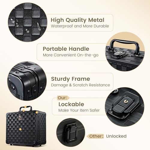 Black Checkerboard Makeup Bag with LED Mirror, Travel Organizer Case with 3-Color Light, 6 Dividers