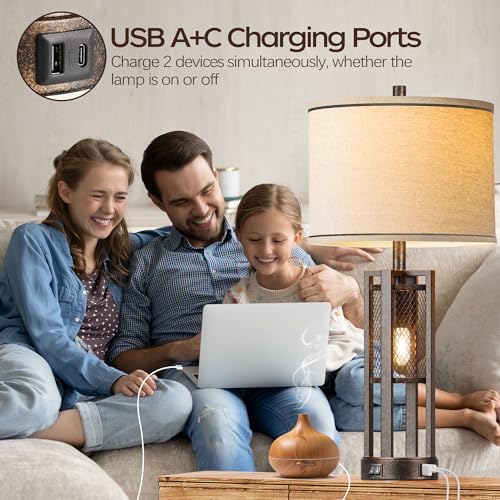 PARTPHONER 28'' Set of 2 Farmhouse Industrial Nightstand Lamps with USB Ports - Bronze