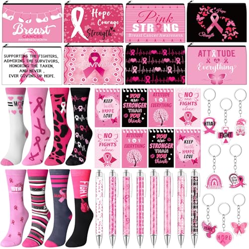 Breast Cancer Awareness Gift Set with Makeup Bags Socks Notepad Keychain - Pink Ribbon Theme - Variation of THIS listing