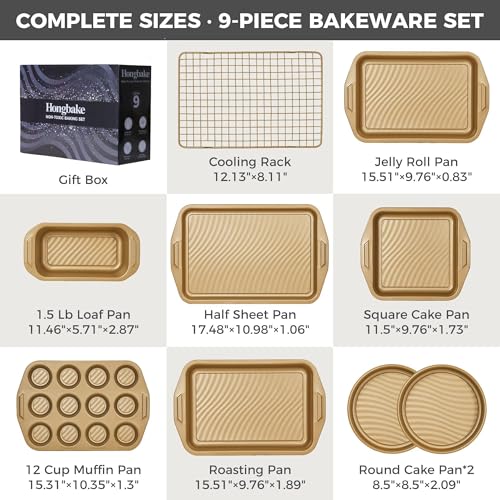 9-Piece Nonstick Bakeware Set - Antique Gold, Oven Safe, Heavy Gauge Steel