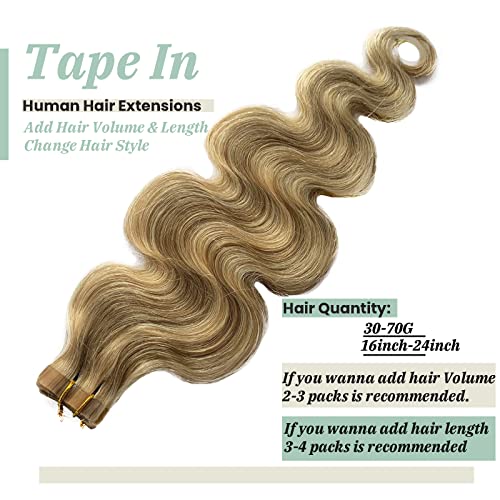 Tape in Hair Extensions 24 Inch Ash Blonde to Blonde Highlights Balayage Remy Human Hair - 2.5 oz / 20Pcs