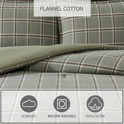 Queen Comforter Set with Shams - Alpine Plaid Green Flannel Bedding