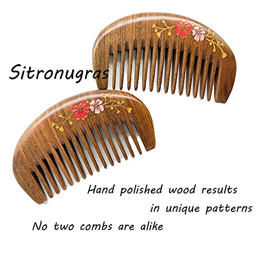 Pocket Size Sandalwood Comb with Flower Design - No Static Wide Tooth Hair Comb - 2pcs with Free Pouch - Variation MN Flower