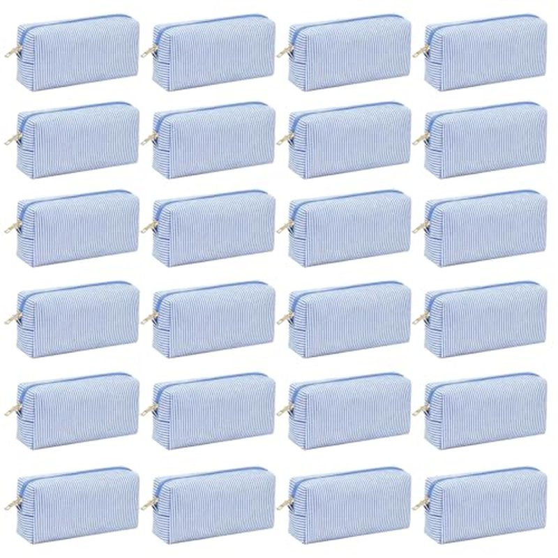 24 PACK Makeup Bags Bulk-Easter Gifts/Seersucker Bulk Cosmetic Bags/Bridesmaid Proposal Gifts/Makeup Pouch for Wedding Party Favors Birthday/Teacher/Mothers Day Gifts/Toiletry Travel Bags(24, Blue)