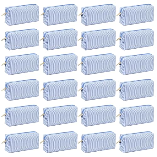 24 PACK Makeup Bags Bulk-Easter Gifts/Seersucker Bulk Cosmetic Bags/Bridesmaid Proposal Gifts/Makeup Pouch for Wedding Party Favors Birthday/Teacher/Mothers Day Gifts/Toiletry Travel Bags(24, Blue)
