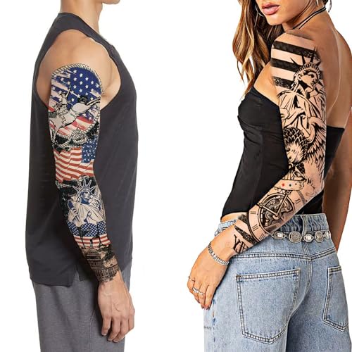 Tazimi Independence Day Temporary Tattoos 4th of July Independence Day Sleeves Tattoos Stickers for Men Women American Flag Tattoos Labor Day Decorations Patriotic Tattoos Full Half Arm Face Tattoos