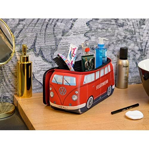BRISA VW Collection - Volkswagen Neoprene Universal Makeup Cosmetics Toiletry Travel Pharmacy Bag in T1 Bus Design (Firetruck/Red) (Large (11.8 x 5.5 x 4.7 inches))