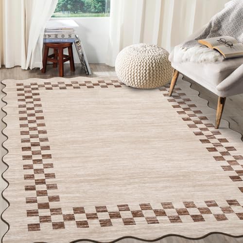 Machine Washable 8x10 Rug for Living Room - Scalloped Beige Large Bedroom Rug