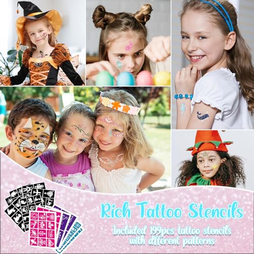 TEUVO Kids Glitter Tattoo Kit with 50 Colors, 199 Stencils, Gems, Glue & Brushes