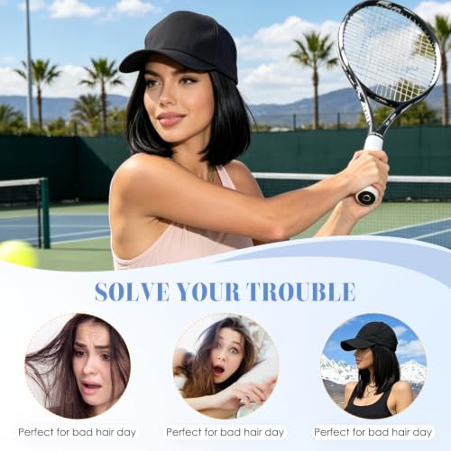 Quick Dry Baseball Cap Wigs for Women - Black & Brown 8 Inch Short Bob Style with Ventilated Design