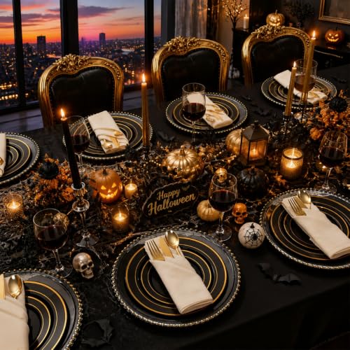 Black and Gold Disposable Plastic Plates Set for Parties - Heavy Duty, 200 Pieces - Halloween, Wedding, Birthday