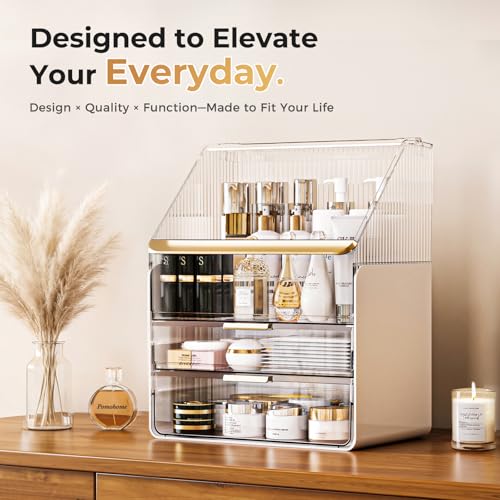 Makeup Organizer Countertop with Drawers & Lid, Skincare Organizer for Vanity, Large Cosmetic Organizer & Display Cases and Storage for Bathroom & Desktop. Perfect for Girl Women Mom Gifts