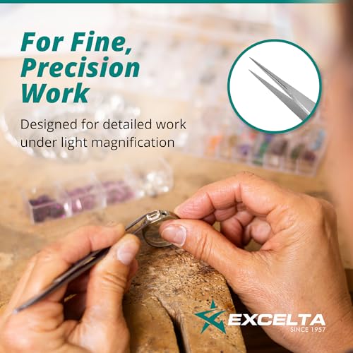 Excelta 3-SA-PI Straight Very Fine Precision Pointed Tweezers, 4.75 Inch, Conductive Anti-Magnetic Stainless Steel 316L, Ideal for Magnification Work, Made in Italy, Intermediate