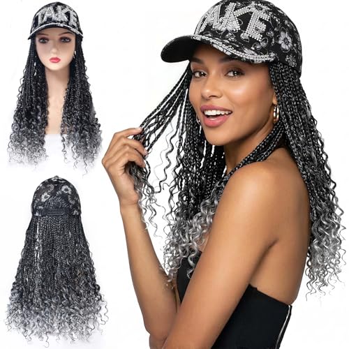 Ombre Gray Crochet Goddess Braids Hat Wig with Curly Ends - Cap31-DarkSilverGrey, 16 Inch