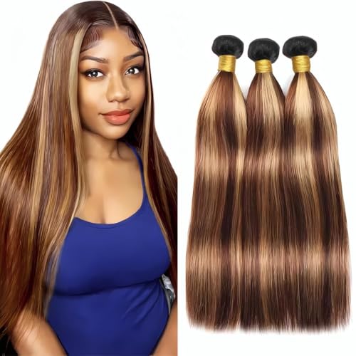 Brown/Honey Straight Human Hair Bundles - 14, 16, 18 Inch, P4/27 Color, Unprocessed Brazilian Virgin Hair - Variation #P4/27 Honey Blonde ST