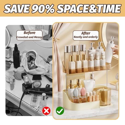 DASITON Cream 2-Tier Large Capacity Rotating Makeup Organizer with Brush Holder