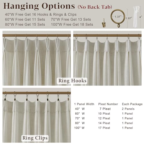 40W x 112L Linen Pleated Curtains Set - 2 Panels, Light Filtering, Semi Sheer, Tan, Includes Hooks & Rings - Variation of THIS listing