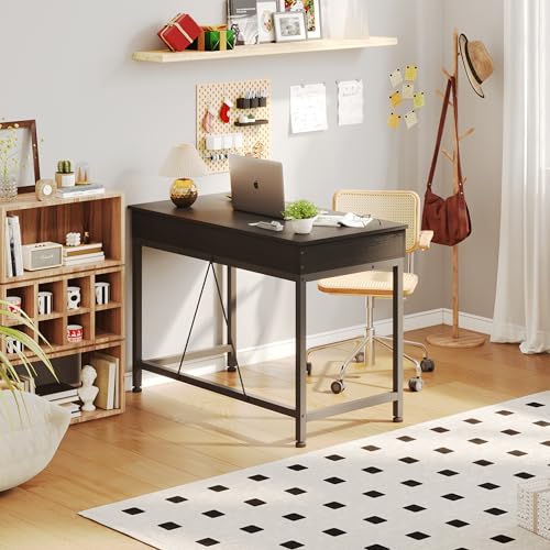 39.4 Inch Small Black Desk with 2 Wooden Drawers - Home Office, Vanity & Study Table