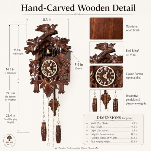 Handmade Wooden Cuckoo Clock - Black Forest Wall Clock with Automatic Night Silence