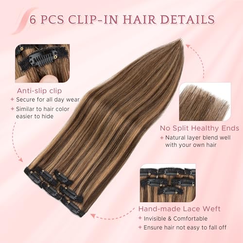 Single Clip In Hair Extensions - 22 Inch Real Human Hair Highlight Balayage Dark & Light Brown #2RP6