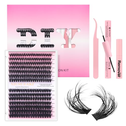 DIY Lash Extension Kit Individual Lash Clusters Kit 280Pcs with Lash Bond and Seal and Remover Tweezers for Lash Cluster Extensions Kit for Beginner(60D+80D D Kit, 10-16mm Mixed, 3D Fluffy)
