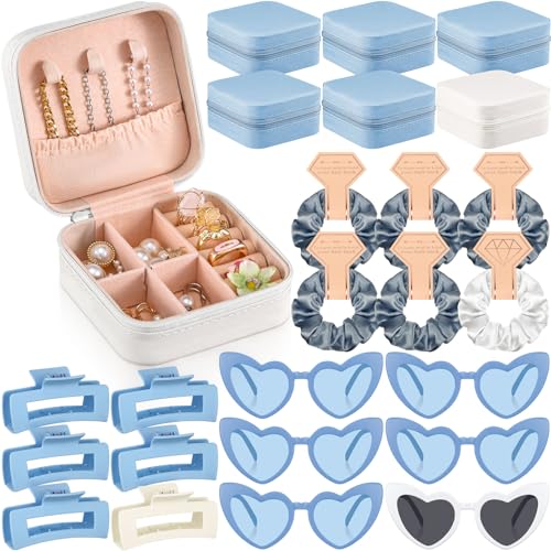 Bridesmaid Proposal Gift Set with White and Blue Accessories - Satin Scrunchies, Jewelry Boxes, Heart Sunglasses, Hair Clips