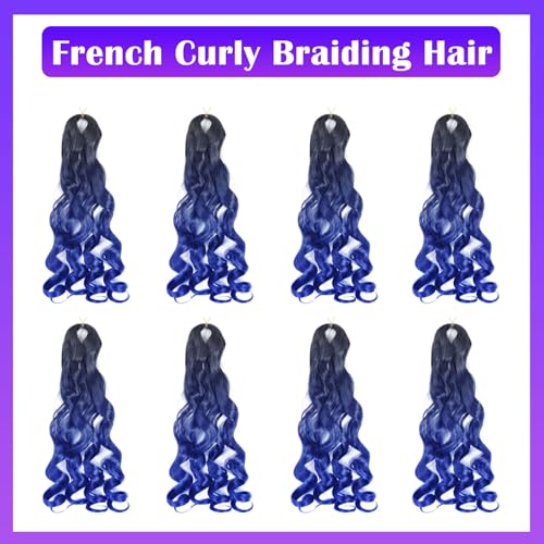 French Curly Braiding Hair 8 Packs Loose Wavy Synthetic Extensions - T/Blue, 18 Inch