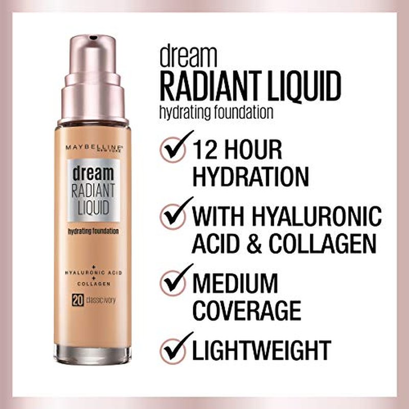 Maybelline Dream Radiant Liquid Medium Coverage Hydrating Makeup, Lightweight Liquid Foundation, Cashew, 1 Fl; Oz