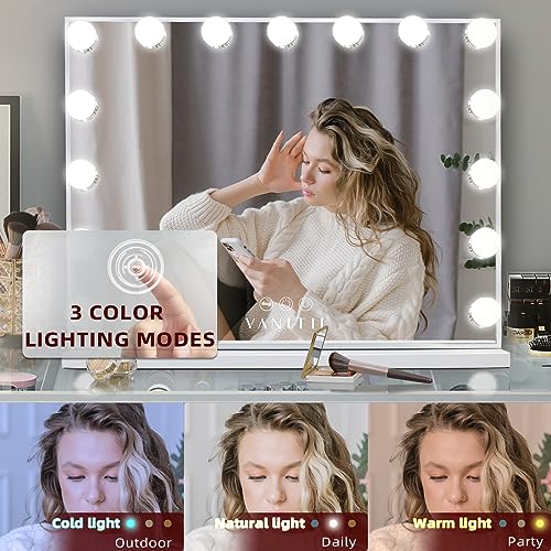 VANITII Hollywood Vanity Mirror with Lights USB Charging 22.8¡±*18.1¡± Lighted Makeup Mirror with 15 LED Bulbs Dimmable 3 Modes Tabletop for Cosmetic
