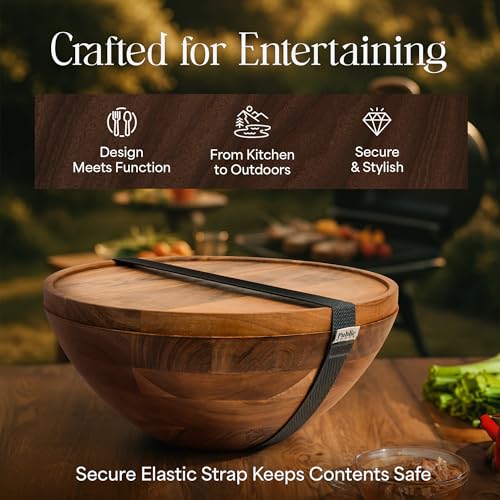Public House Natural 12.5 Inch Wooden Salad Bowl Set with Utensils, Lid & Carry Strap