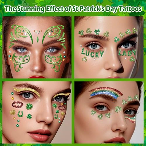 Yosca 6Pcs St Patricks Day Temporary Tattoos, Green Clover Face Stickers for St. Patrick's Day Glitter Makeup, Self Adhesive Shamrock Face Tattoos Art Sticker for Parade Irish Party Rave Accessories