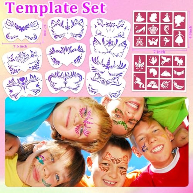 69 Colors Face Painting Kit for Kids - Non-toxic water-activated paint palette with glitter makeup palette, stencils, brushes, Gems, puff. for Kids Party Cosplay Halloween Christmas Carnival.