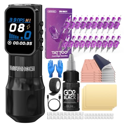 Wireless Tattoo Machine Kit for Beginners with Cartridges & Ink – Complete Power Supply & Practice Skins
