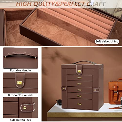 Large 6-Tier Jewelry Box Organizer with 5 Drawers & Mirror - Extra Large Brown