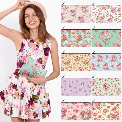 Reginary 20 Pieces Cosmetic Bag for Women, Roomy Makeup Bags with Zipper Toiletry Bag Pouch Travel Accessory Organizer Gifts, 7 x 4.3 Inches(Pink Flower)
