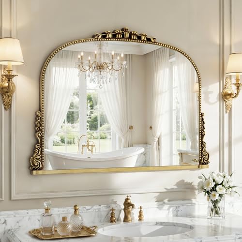 Vintage Gold Arched Baroque Wall Mirror - 28x36 Inch Elegant Frame with HD Tempered Glass