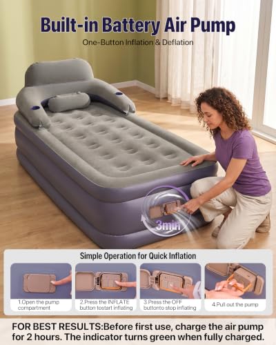 α阿尔法 Twin XL Air Mattress with Built-in Pump, Headboard & Cup Holders, 20" Height