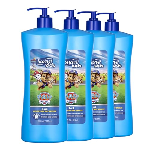 Suave Kids Paw Patrol 3 in 1 Shampoo, Conditioner, Body Wash, Adventure Bay Breeze, Tear-Free & Gentle Dermatologist Tested, 4 Count, 28 FL OZ Pump