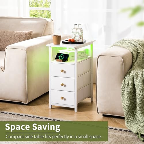 White End Table with Charging Station & 3 Fabric Drawers - Slim Nightstand for Small Spaces